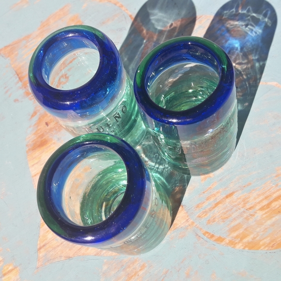 3 Art Glass Hand Blown Shot Glasses Handmade Colored Bubble Glass Blue Green - Picture 2 of 10